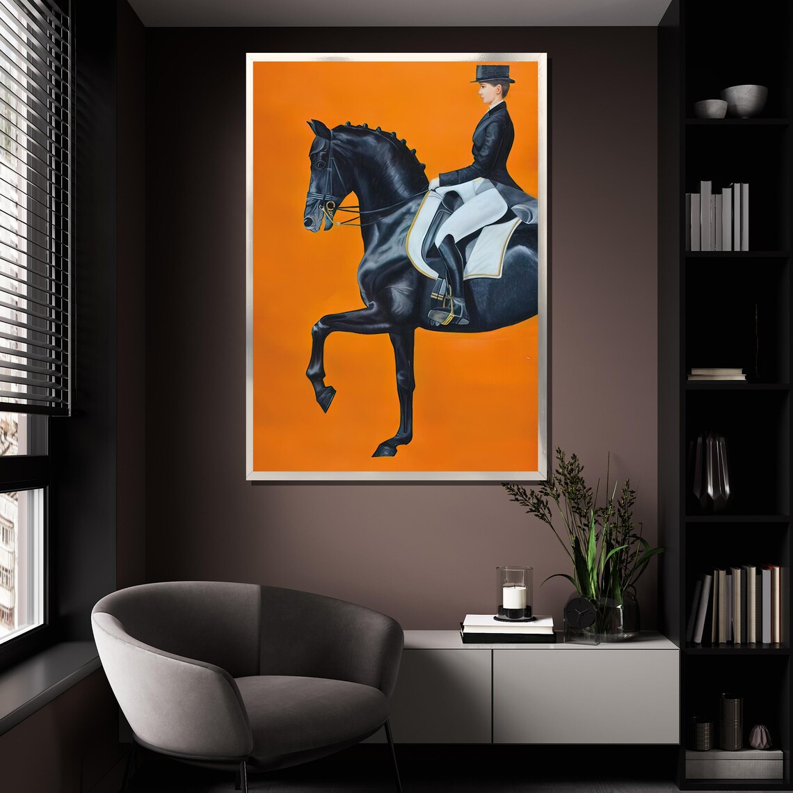 Elegant Equestrian Dressage Black Horse Rider Orange Wall Art Poster - Image 4