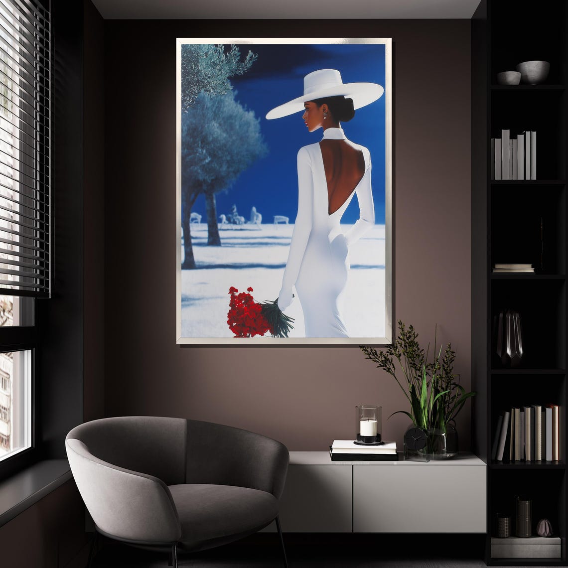 Elegant Woman White Dress Hat Red Roses Blue Background Fashion Poster - Image 4