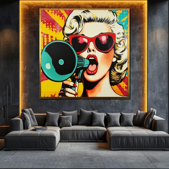 Pop Art Woman With Megaphone Retro Sunglasses Colorful Wall Poster