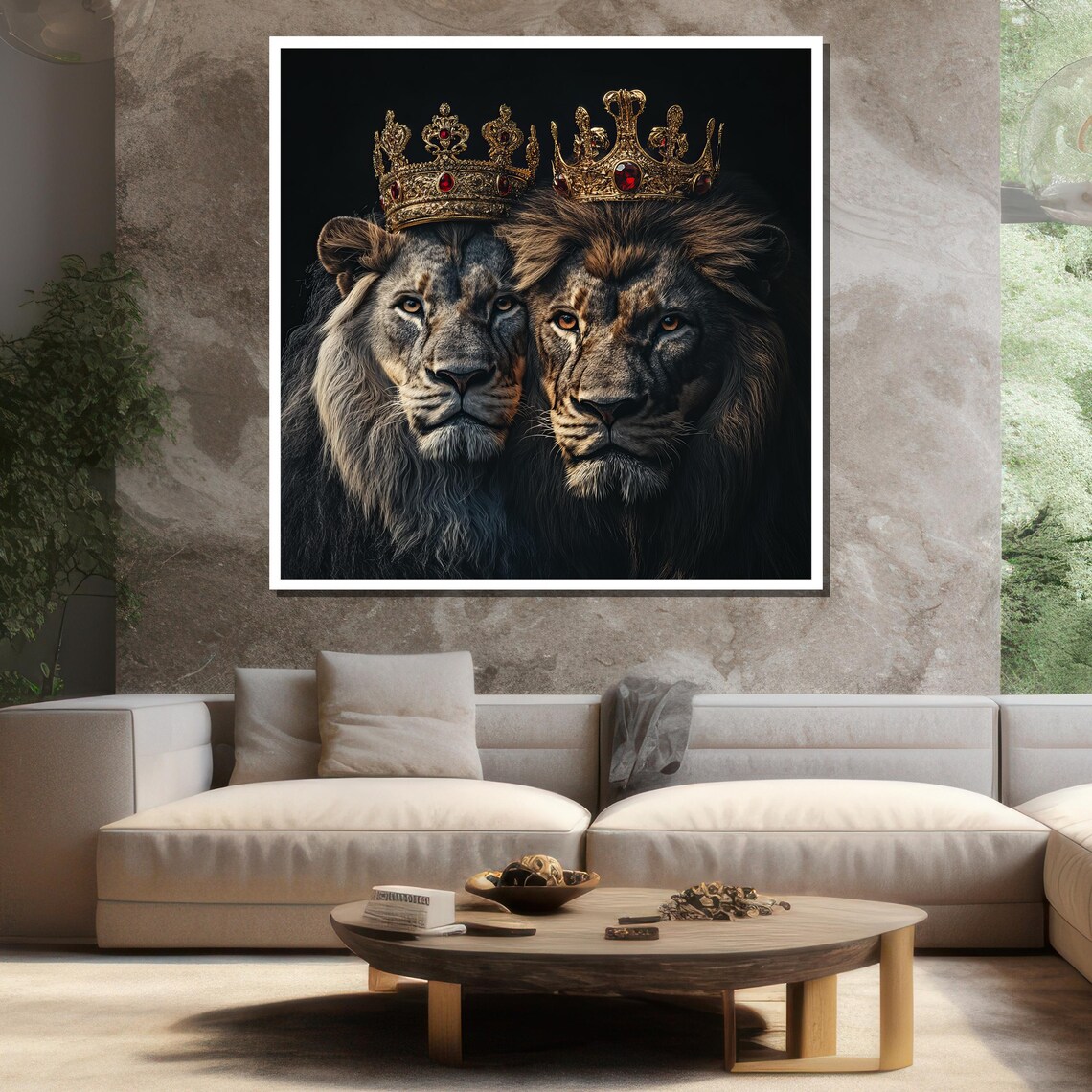 Two Crowned Lions Gold Crown Painting Majestic Regal Wildlife Wall Art Poster - Image 3