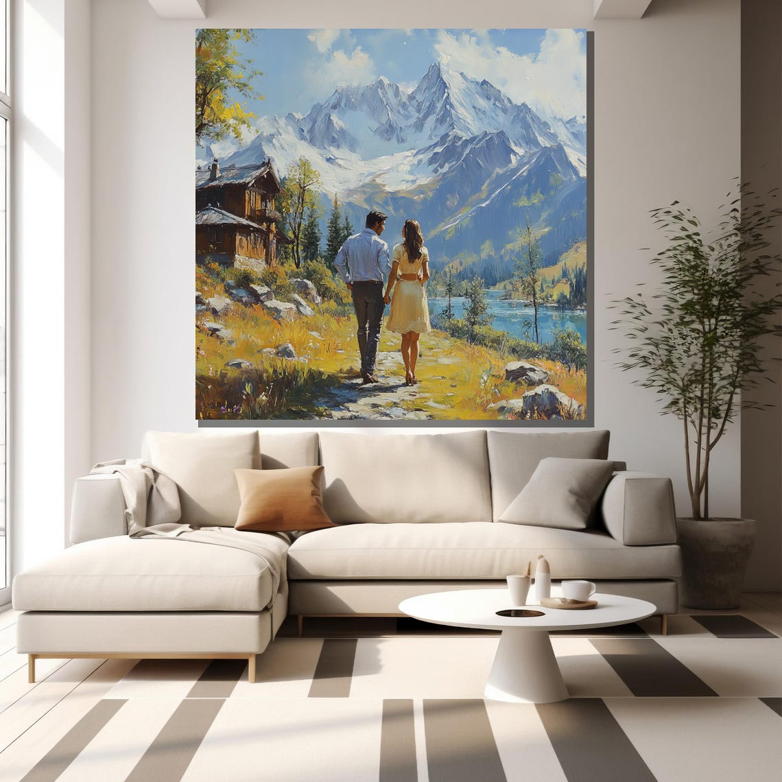 Romantic Couple Walking In Nature Painting Mountain Landscape Wall Art Modern Home Decor Gift - Image 2