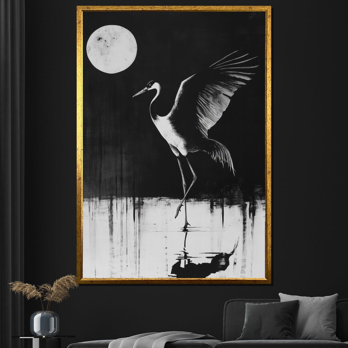 Black White Crane Full Moon Night Minimalist Ink Wildlife Bird Poster
