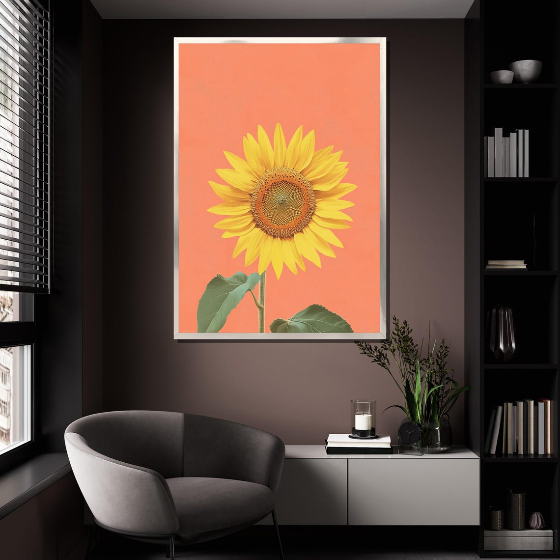 Bright Yellow Sunflower On Coral Pink Background Modern Art Poster - Image 4