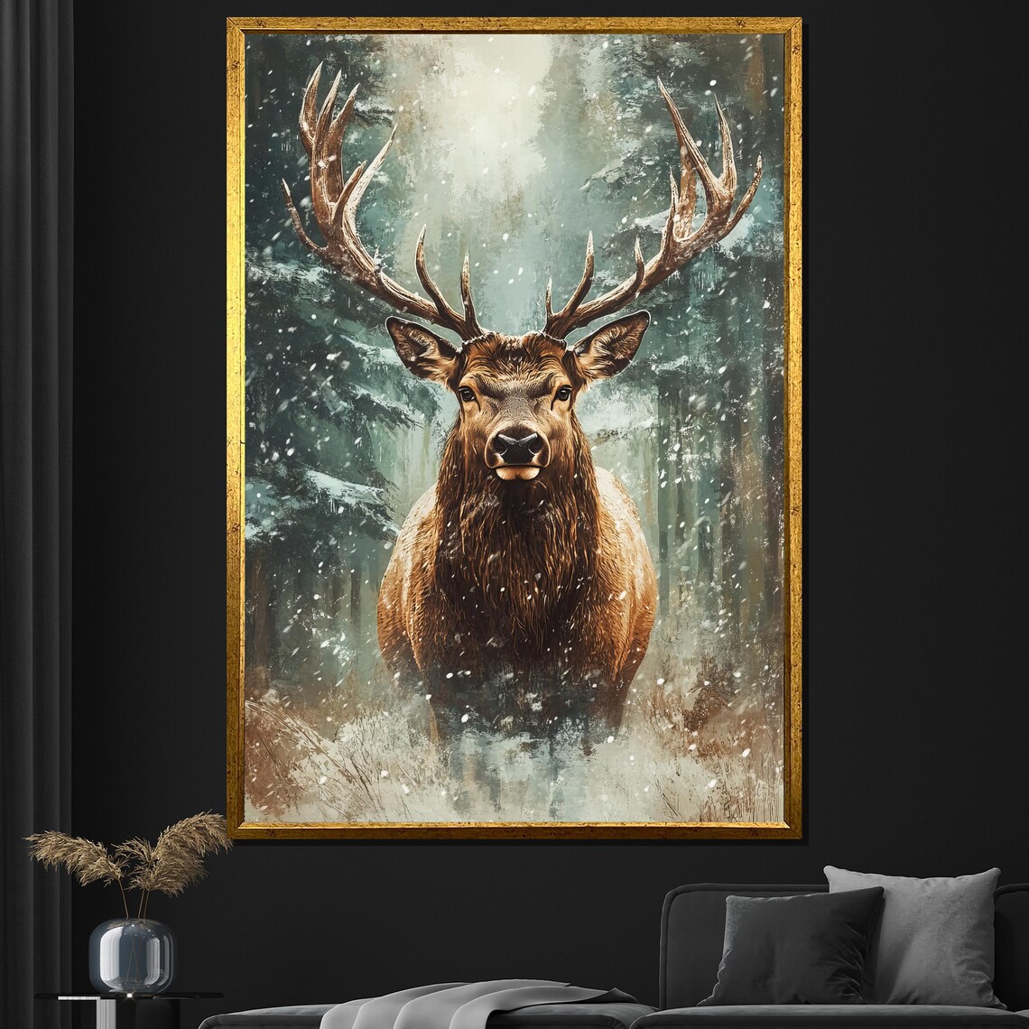 Majestic Deer Painting, Winter Forest Wall Art Print