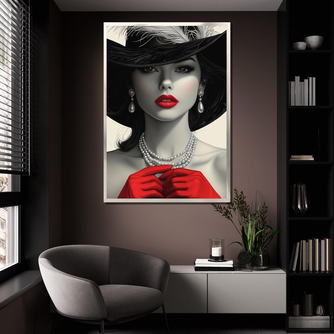Elegant Woman Black Hat Red Lips Gloves Pearls Glamour Wall Poster - Image 4