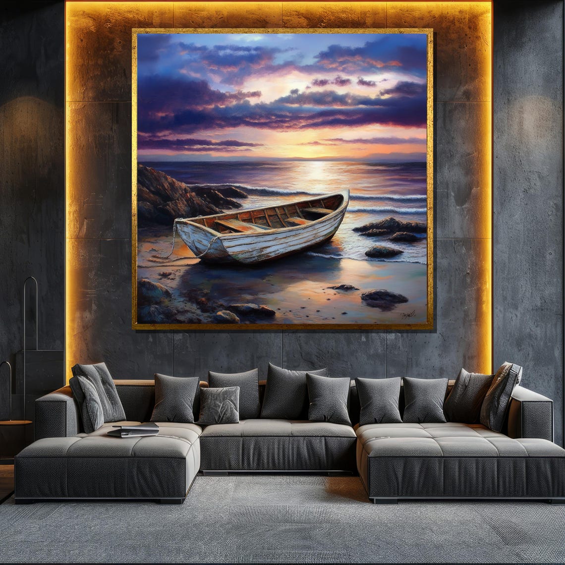 Weathered Rowboat Rocky Shore Purple Sunset Serene Ocean Poster