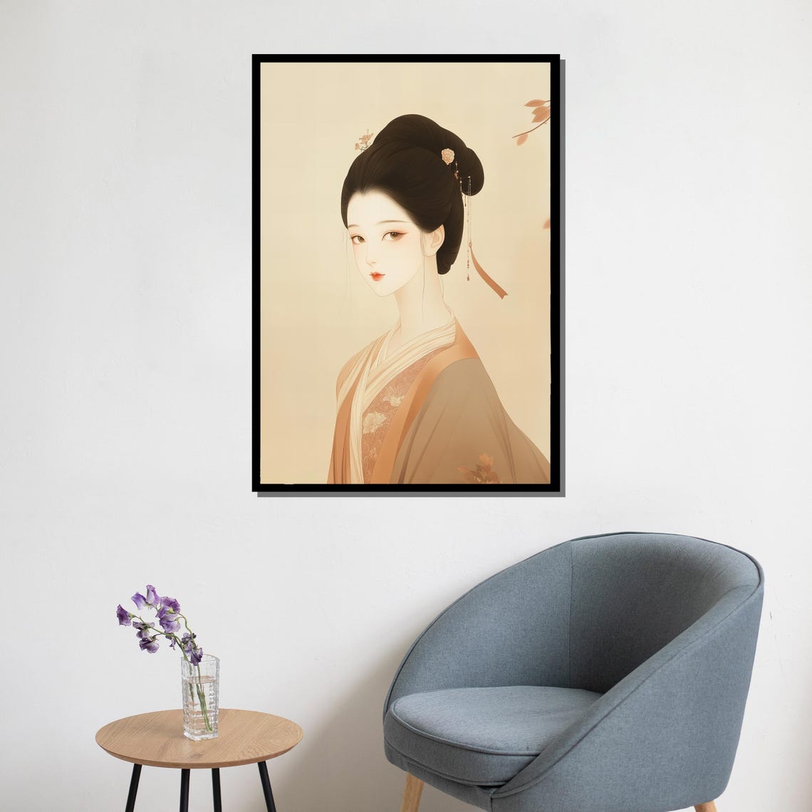 Minimalist Japanese Woman Portrait Soft Beige Kimono Elegant Wall Art - Image 5