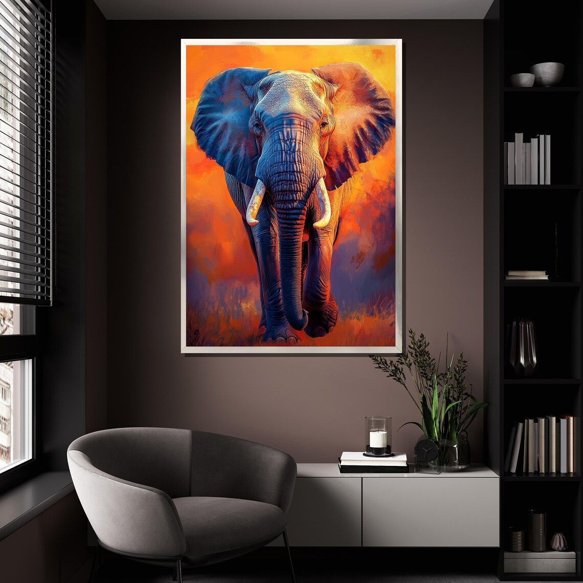 Elephant Walking Sunset Orange Blue Painting Majestic African Wildlife Wall Art Poster - Image 4
