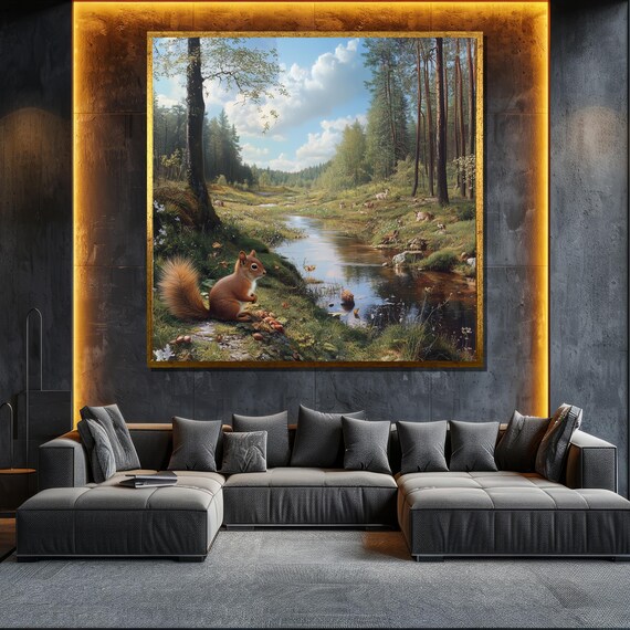 Red Squirrel Forest Stream Nuts Charming Woodland Art Poster