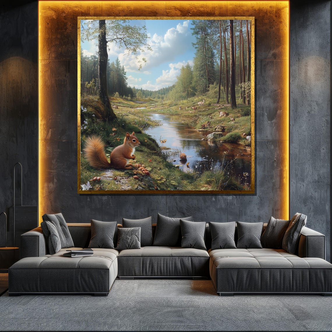 Red Squirrel Forest Stream Nuts Charming Woodland Art Poster