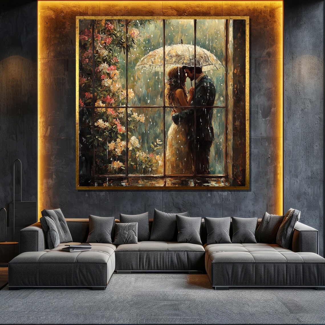 Romantic Couple Rainy Window Umbrella Kiss Floral Painting Wall Poster