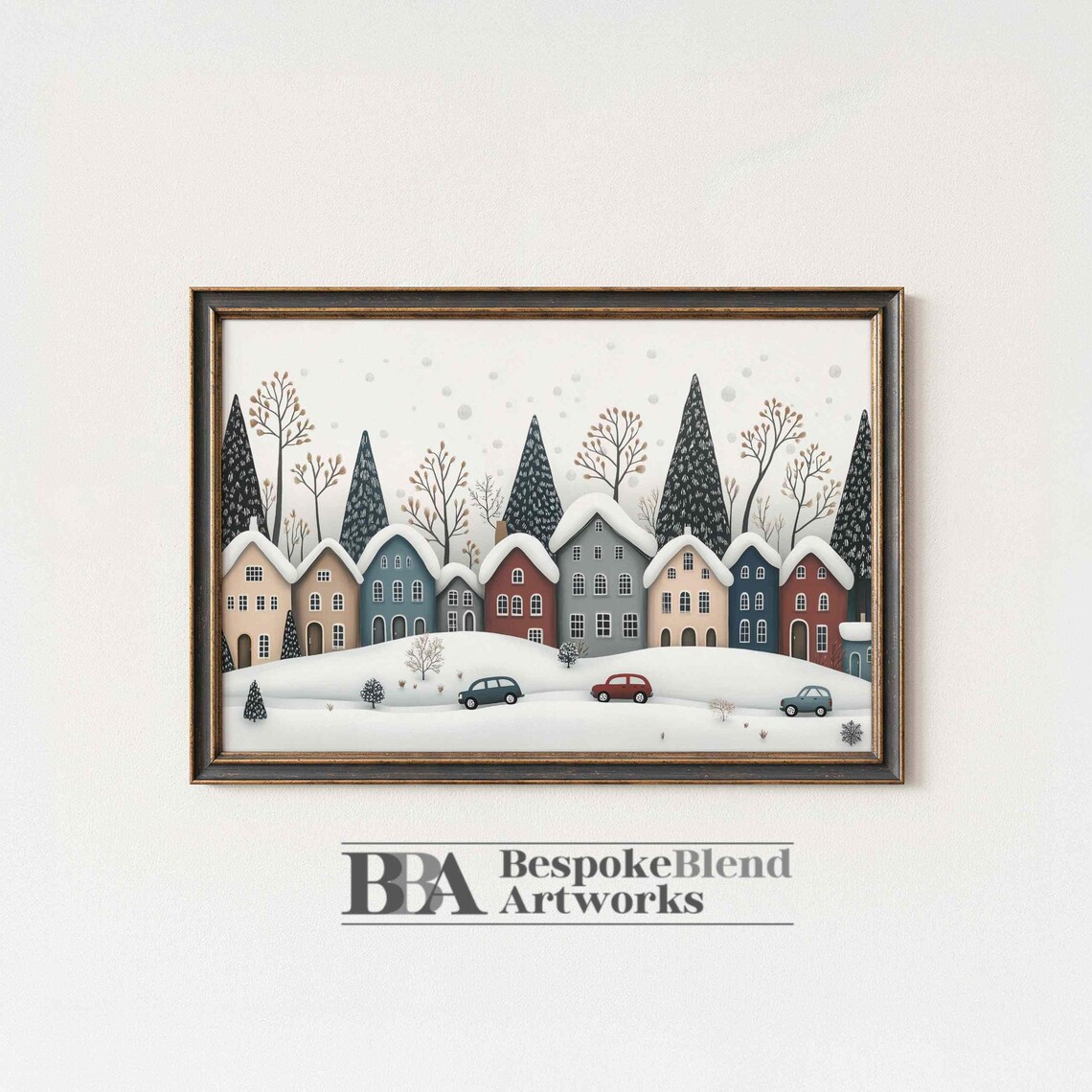 Nordic Winter Village Painting Snowy Cottages and Tiny Cars Poster