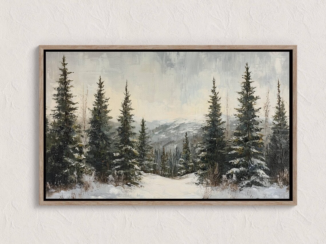 Snow Covered Pine Trees Winter Mountain Landscape Painting Poster