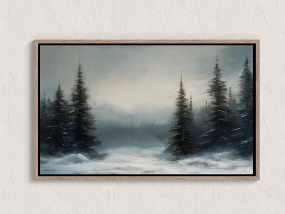 Foggy Evergreen Forest in Winter Snow Muted Woodland Art Poster