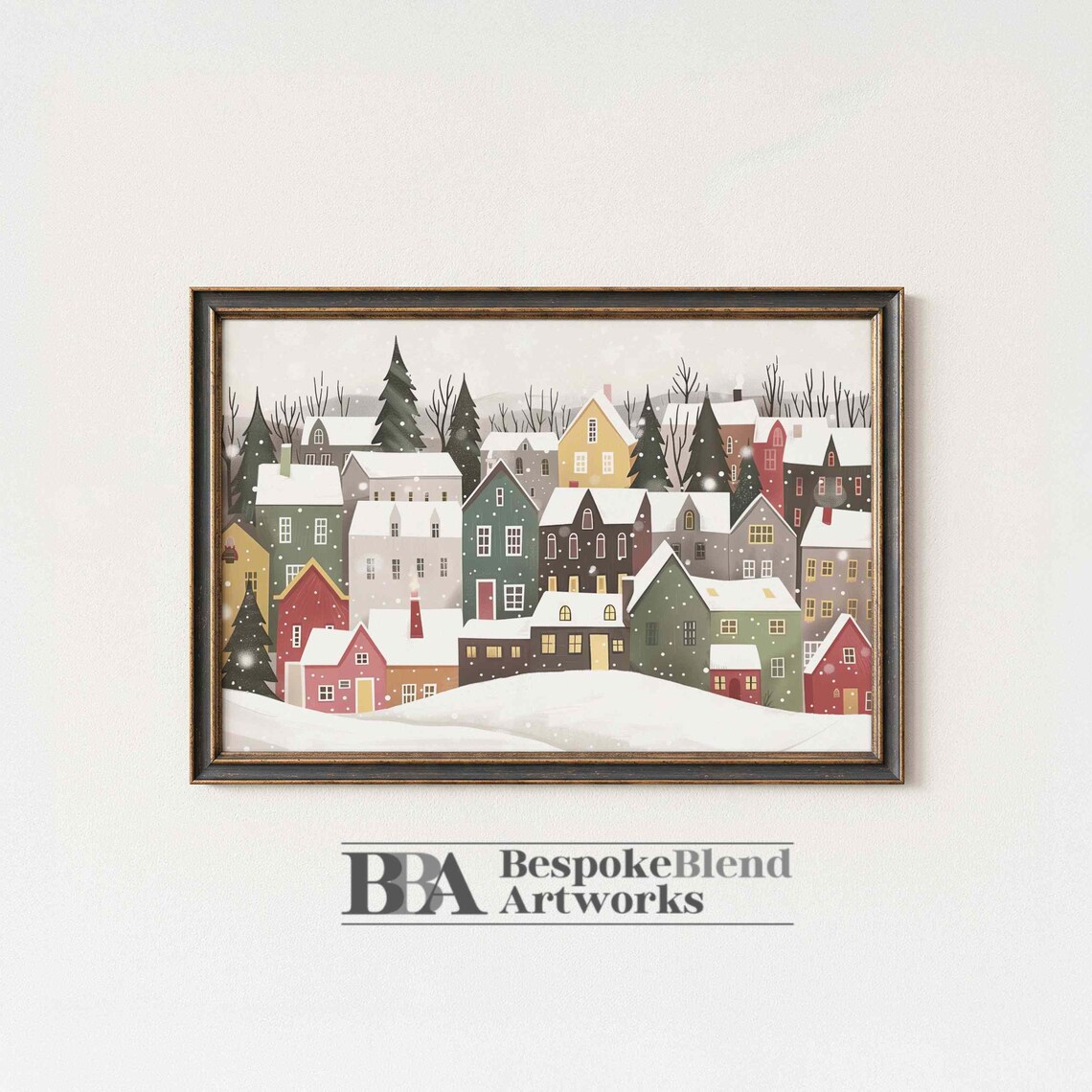 Neutral Snowy Christmas Village Illustration Cozy Winter Art Poster