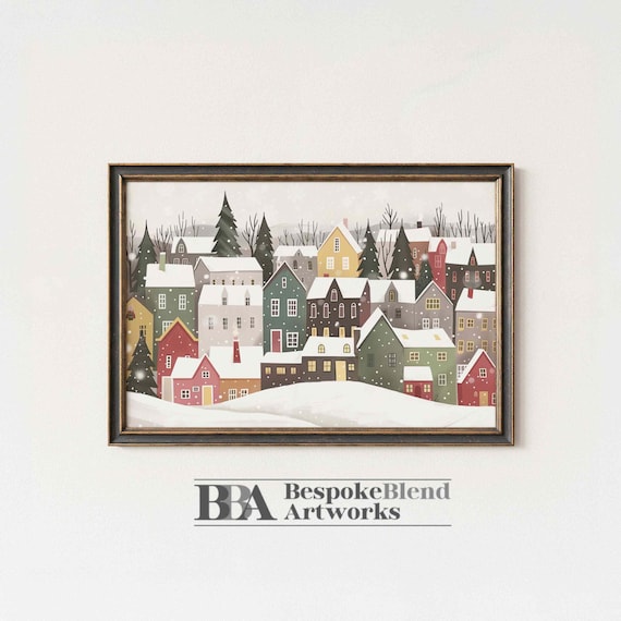 Snowy Nordic Village Illustration Cozy Holiday Winter Art Poster