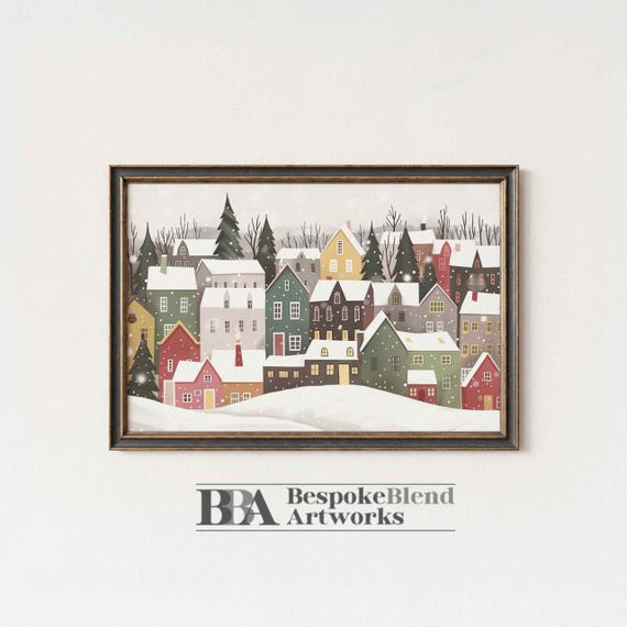 Wall Art Neutral Christmas Village Illustration Cozy Winter Home Mantel Decor Holiday Poster For Living Room Instant