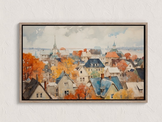 Fall Abstract Cityscape Painting Aerial View Of Town Architectural Oil Artwork Unique Rooftops Buildings Art Decor