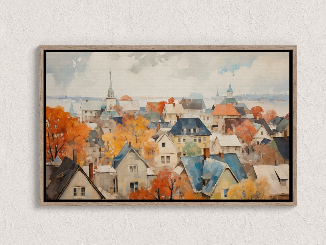 Fall Cityscape Rooftops Autumn Trees Aerial Town Painting Wall Art
