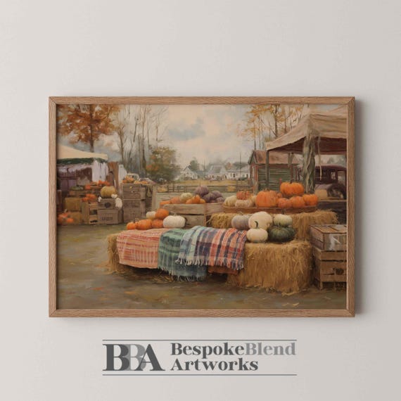 Pumpkin Patch Market Wall Art Cozy Fall Farm Scene With Vintage Crates Mums Plaid Blankets And Rustic Autumn Country Decor