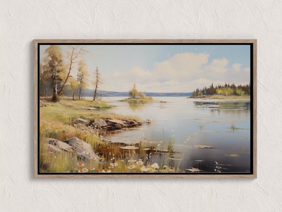 Spring Scandinavian Shoreline Oil Painting Trees Wildflowers Calm Waters Tranquility Delicate Brushstrokes
