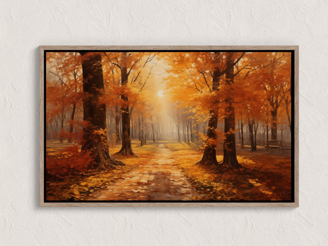 Golden Autumn Forest Path Sunlit Orange Trees Oil Painting Poster