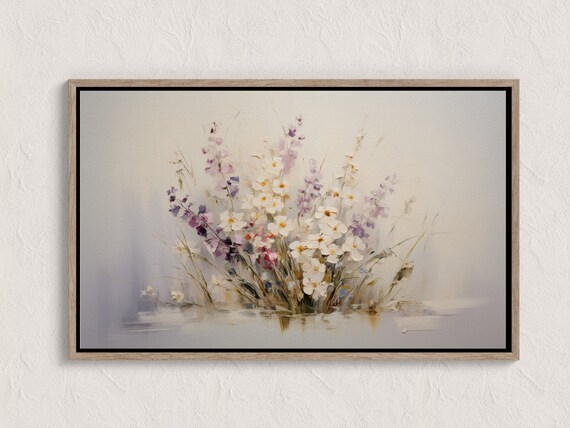 White Purple Wildflowers Poster Minimalist Floral Painting With Muted Colors Art