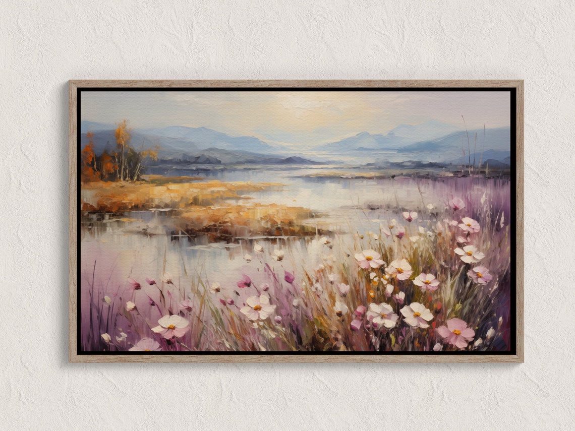 Wildflower Meadow By The Lake Pastel Mountain Impressionist Wall Art
