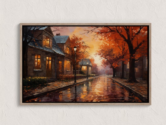 Autumn Landscape Print Fall Wall Art City Vintage Style Oil Painting Country Farmhouse