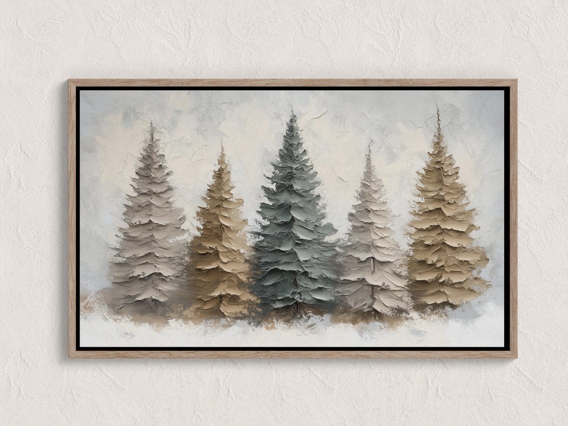 Winter Pine Forest Impasto Painting Neutral Trees Christmas Poster