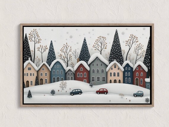 Modern Winter Village Snowy Town Illustration With Pine Trees Poster