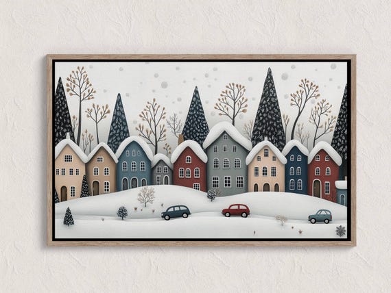 Modern Winter Village Wall Art Minimalist Snowy Town Illustration Scandinavian Christmas Decor Neutral Landscape