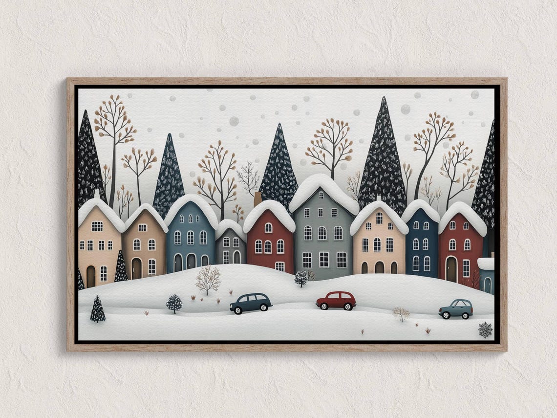 Modern Winter Village Snowy Town Illustration With Pine Trees Poster