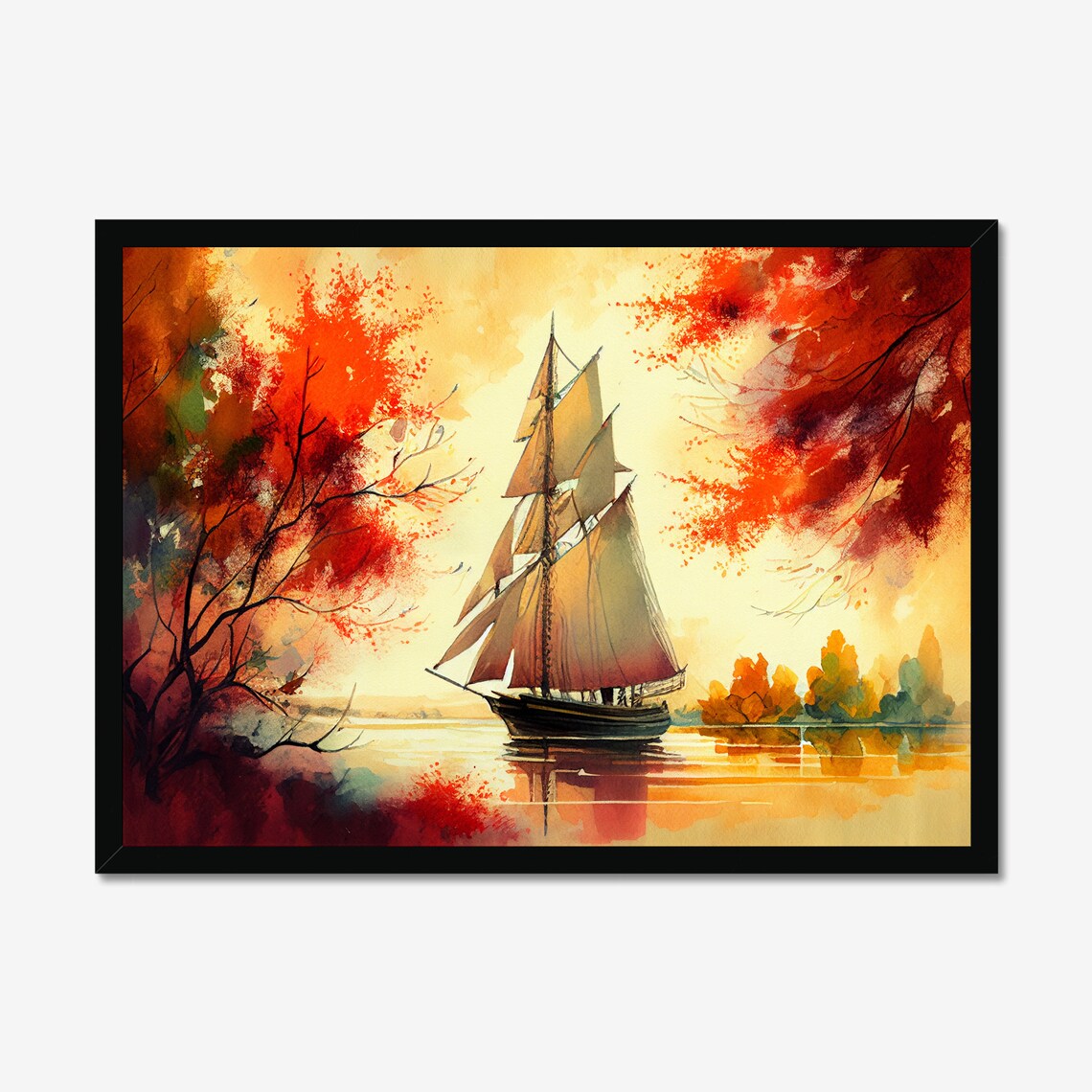 Tall Ship Sailboat at Sunset Among Autumn Trees Watercolor Poster