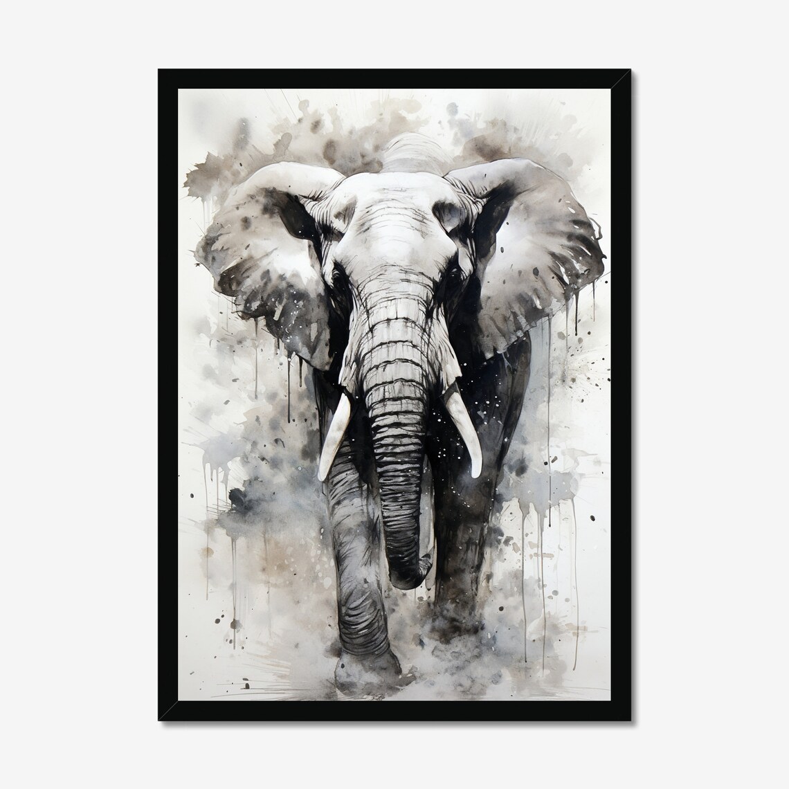 Elephant Head in Monochrome Watercolor Splash Majestic Animal Art Poster