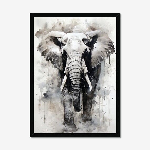 Elephant Head in Monochrome Watercolor Splash Majestic Animal Art Poster