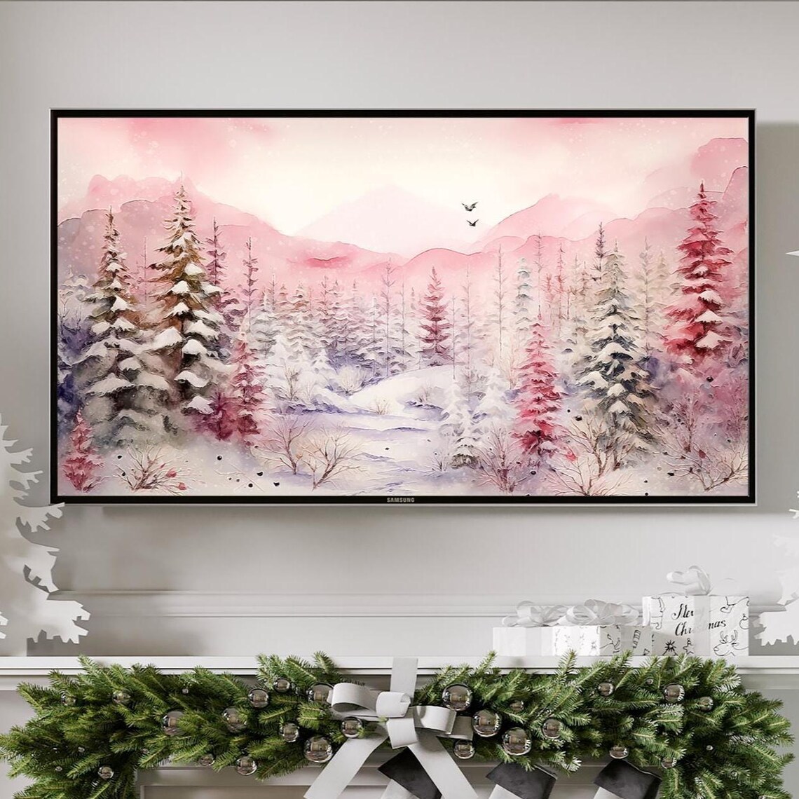 Pink Winter Forest Watercolor Snowy Pines Mountain Landscape Wall Art