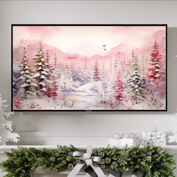 Pink Winter Forest Landscape Tv Art Frame Holiday
