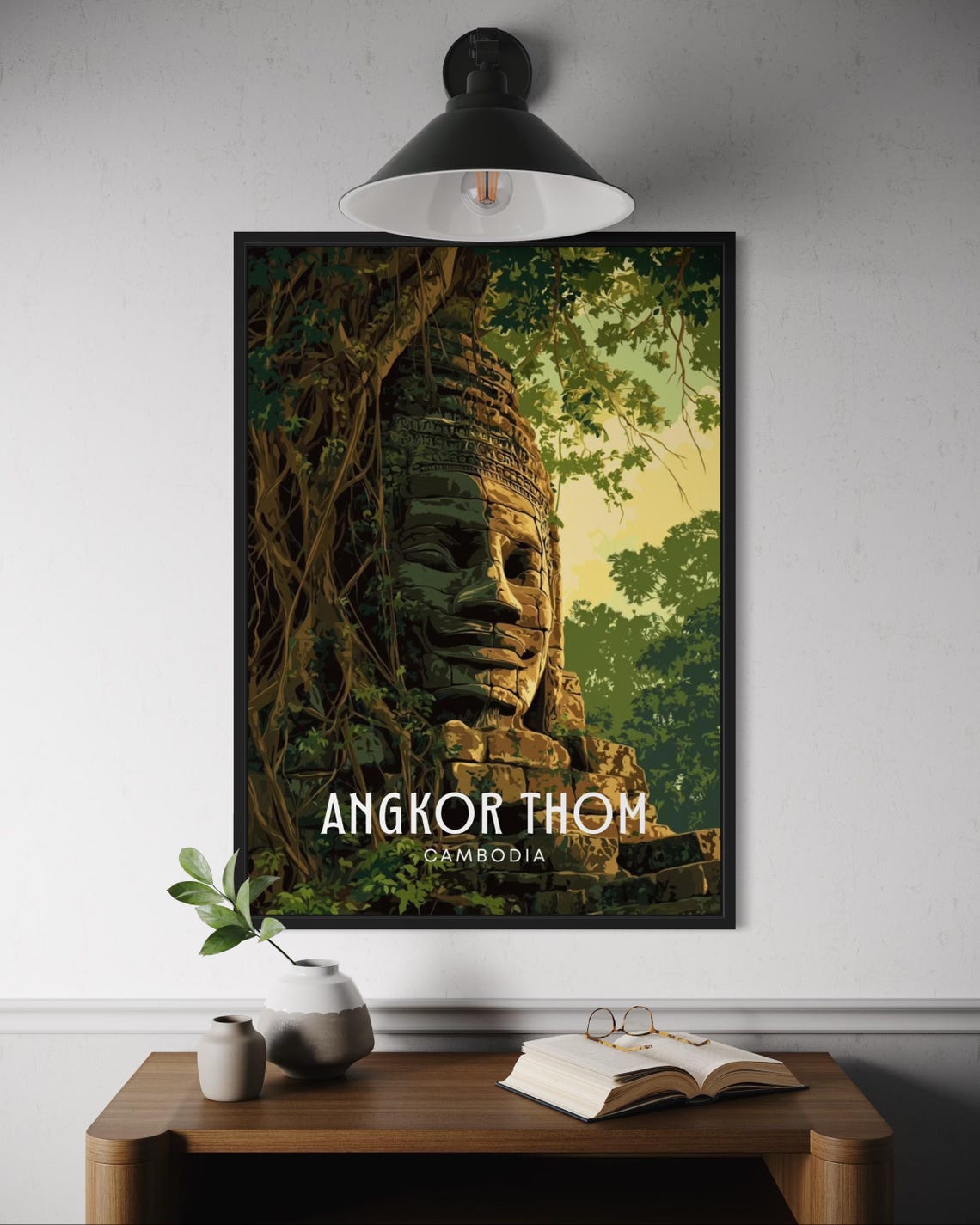 Angkor Thom Cambodia Poster with Ancient Jungle Stone Face Art