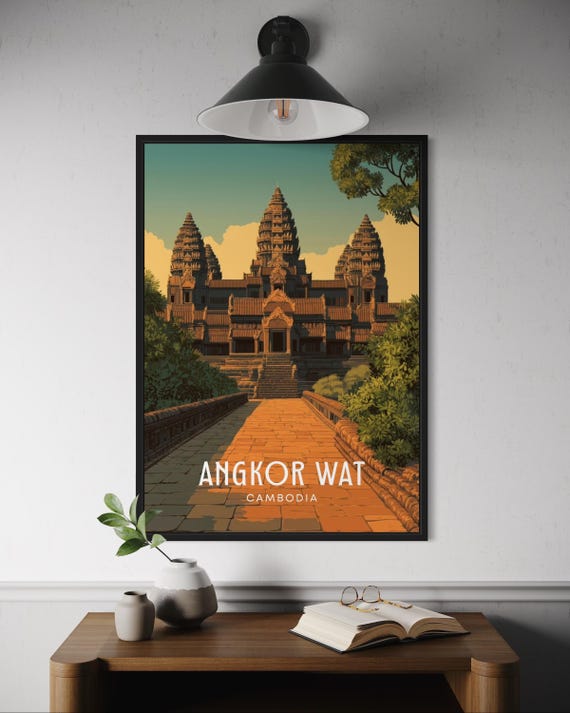 Angkor Wat Cambodia Poster Ancient Temple Wall Art Siem Reap Travel Print Southeast Asia Landmark Illustration Tropical Nature Scene