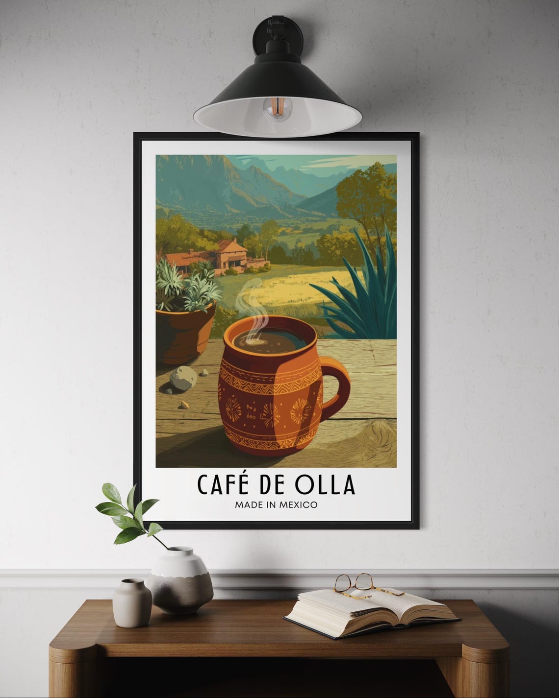 Cafe de Olla Made in Mexico Painted Clay Mug Mountain Scene Poster