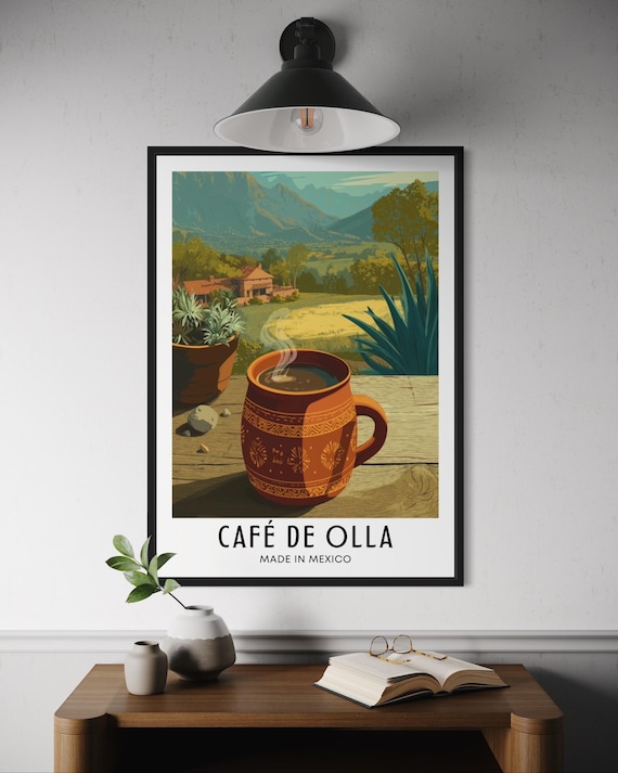 Cafe de Olla Made in Mexico Painted Clay Mug Mountain Scene Poster