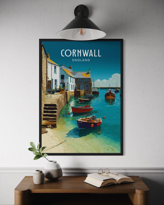 Cornwall Harbour Poster Coastal Wall Art Uk Seaside Print Fishing Boats Nautical Decor British Travel Town England
