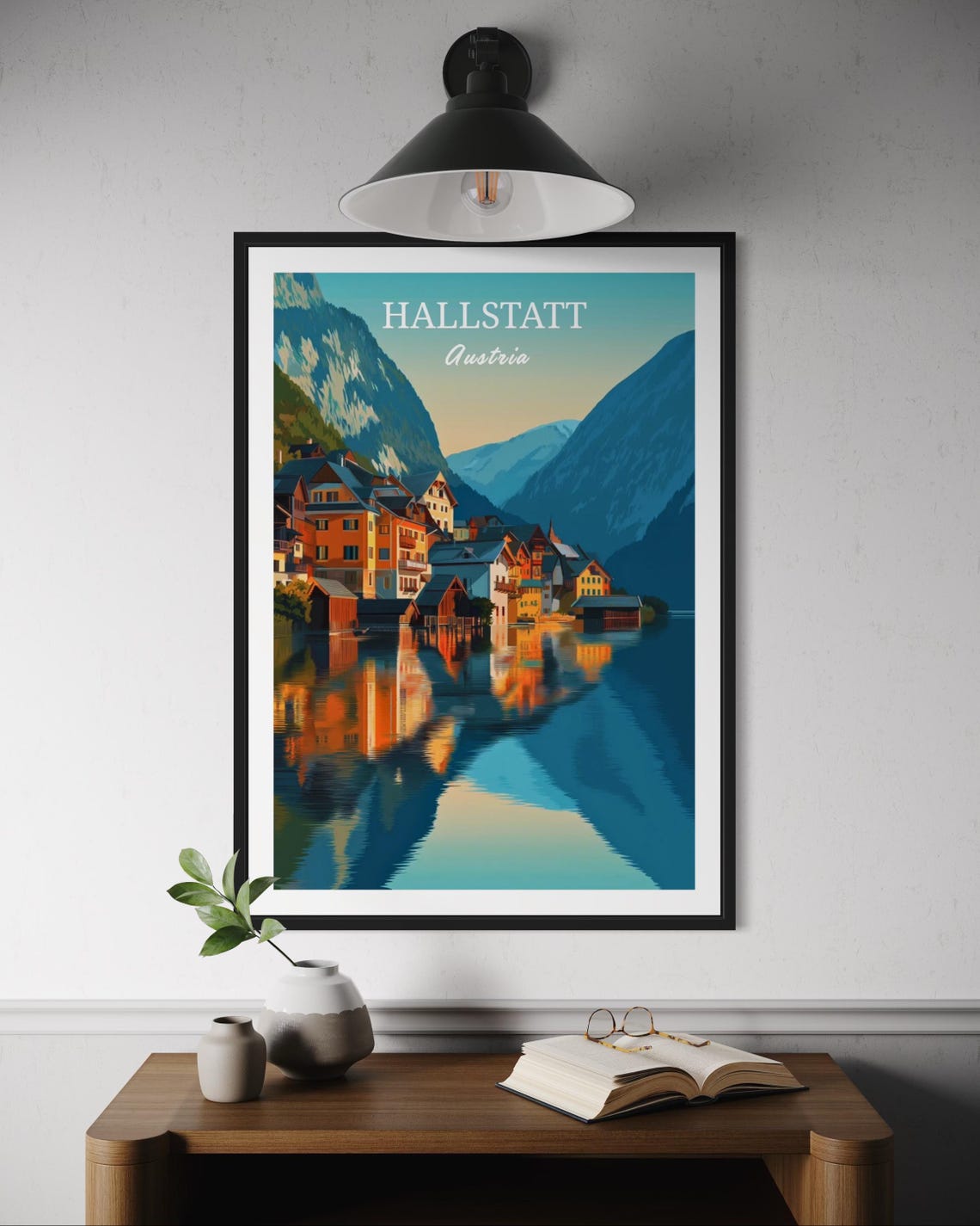 Hallstatt Austria Lakeside Village Mountain Sunset Reflection Poster