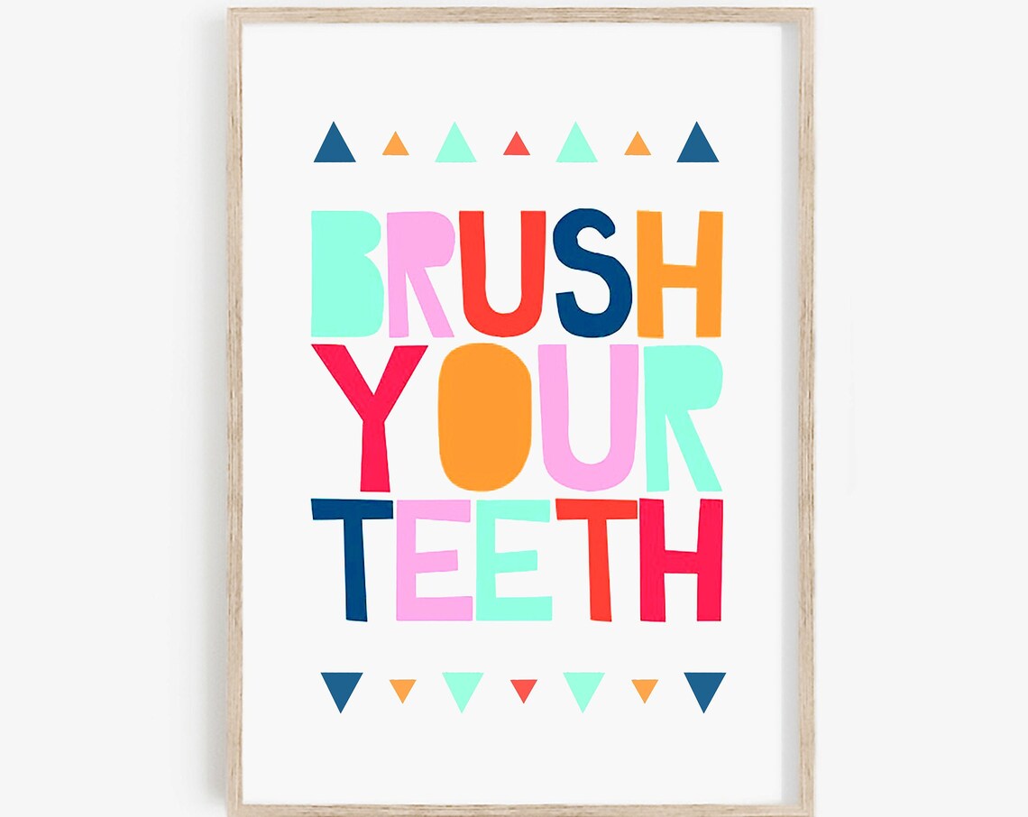 Brush Your Teeth Colorful Block Letter Kids Bathroom Rules Poster