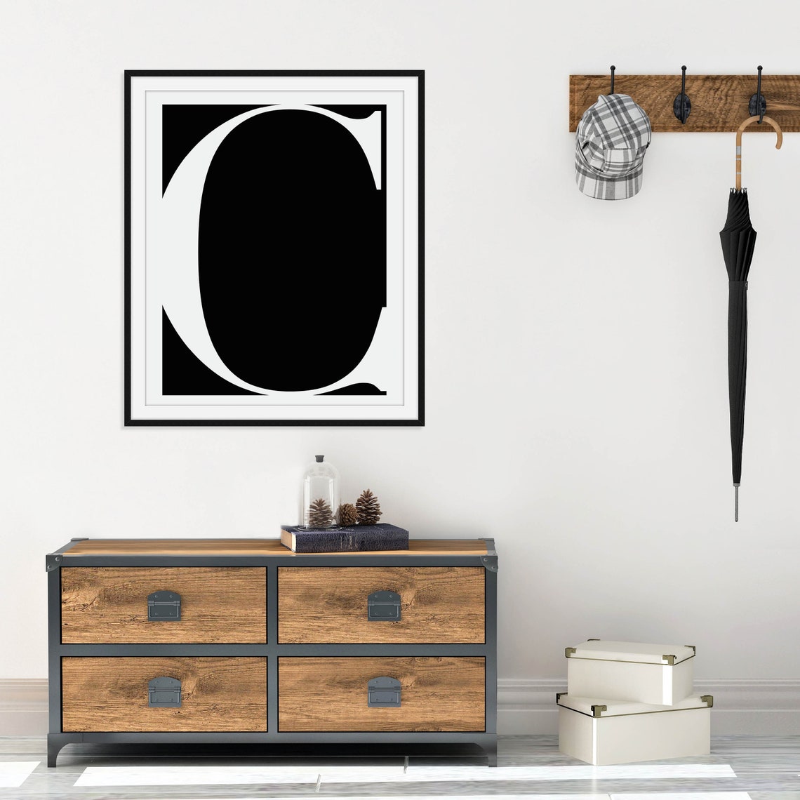 Single Initial Letter Art White Serif Letterform On Black Poster - Image 3