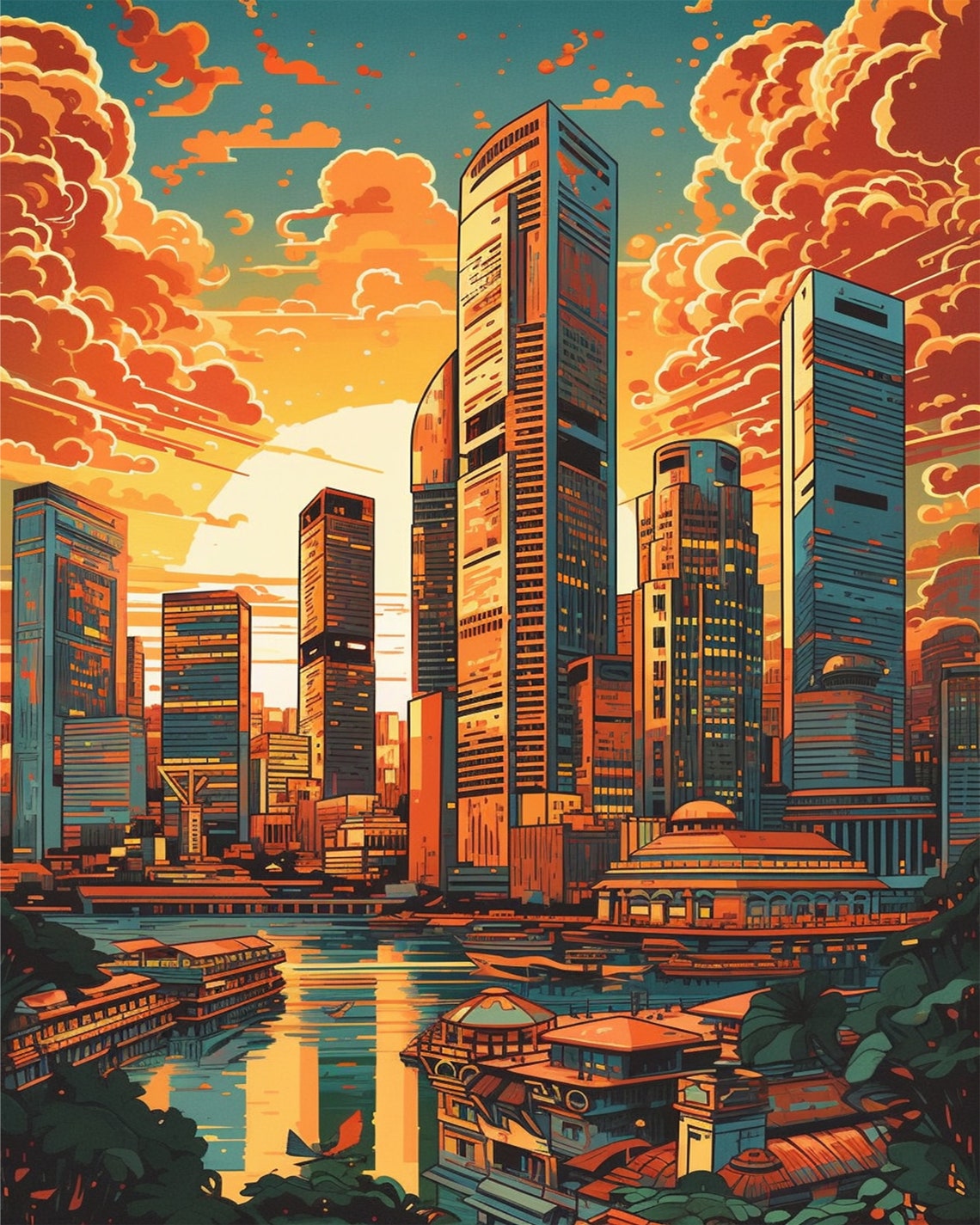 Singapore Marina Bay Skyline At Fiery Sunset Retro Travel Poster - Image 2