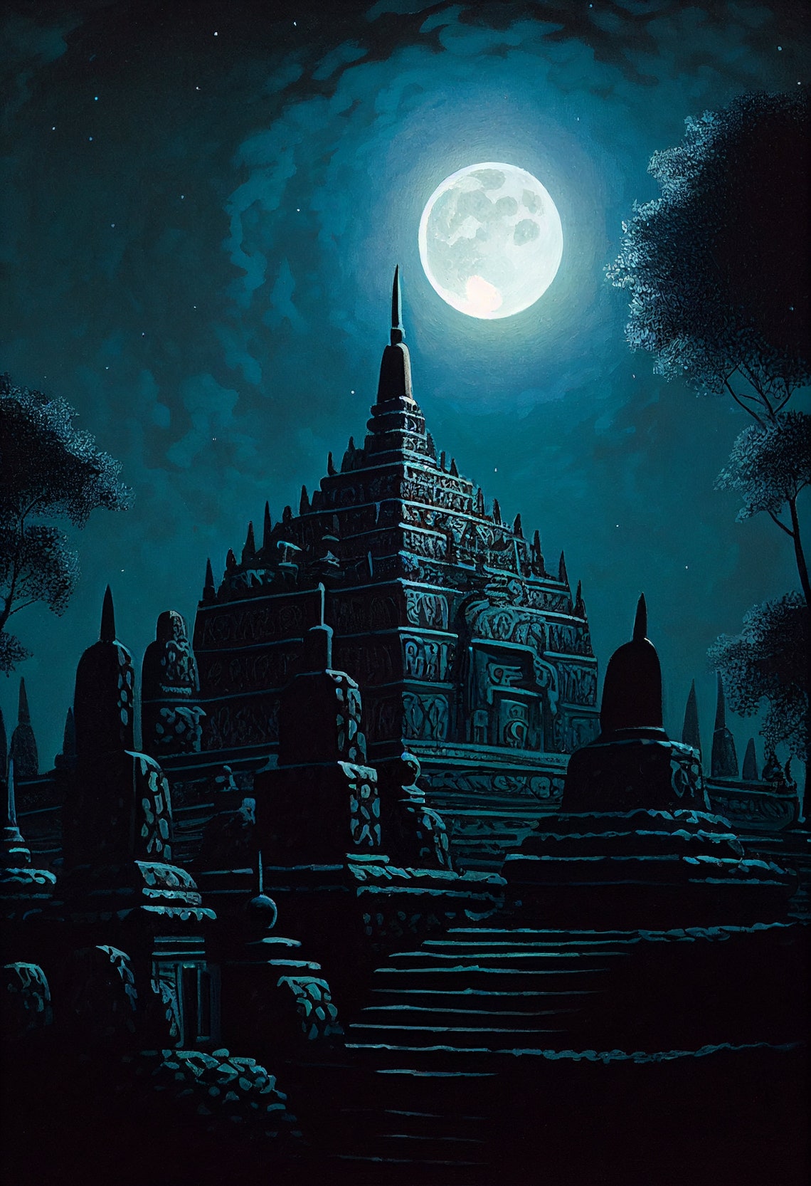 Borobudur Temple Under Full Moon Teal Night Sky Indonesia Poster - Image 2