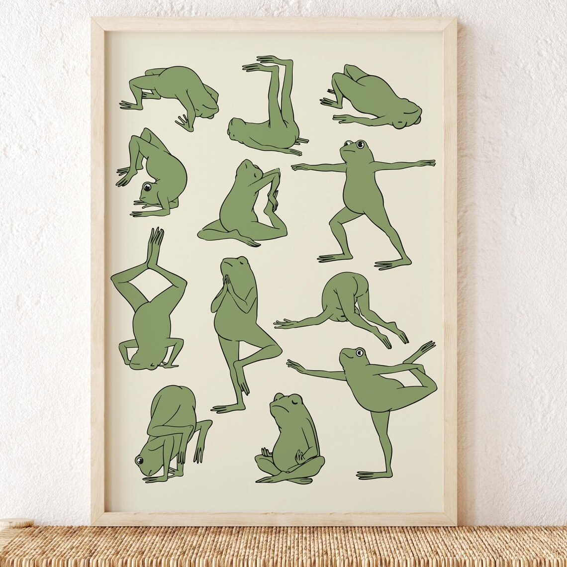 Frog Yoga Poses Funny Cute Green Frog Illustrated Art Poster