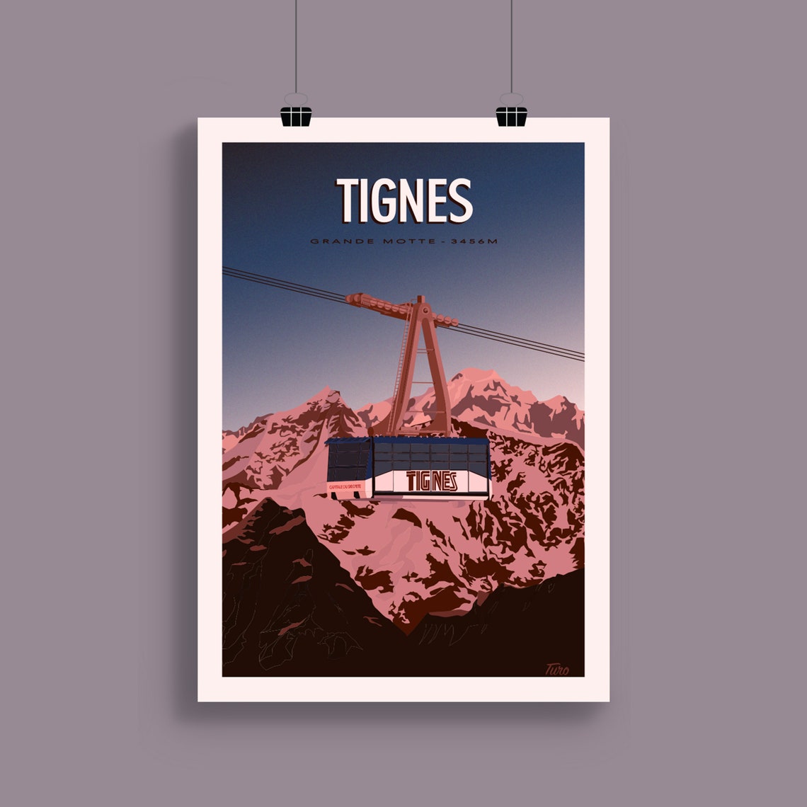 Tignes Grande Motte 3456m Cable Car Alpine Retro Ski Travel Poster - Image 2